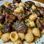 Garlic Butter Steak Bites with Creamy Parmesan Shell Pasta