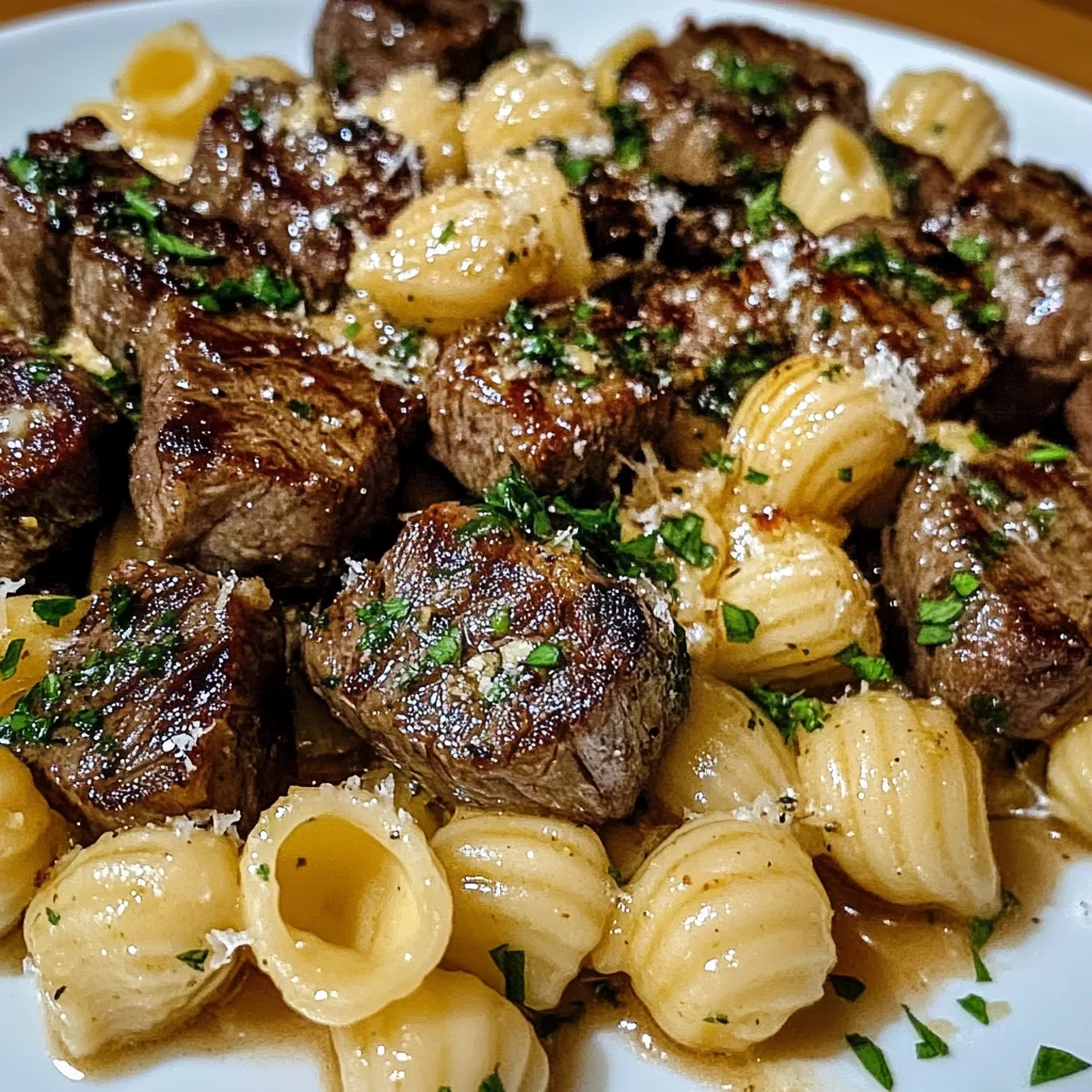 Garlic Butter Steak Bites with Creamy Parmesan Shell Pasta