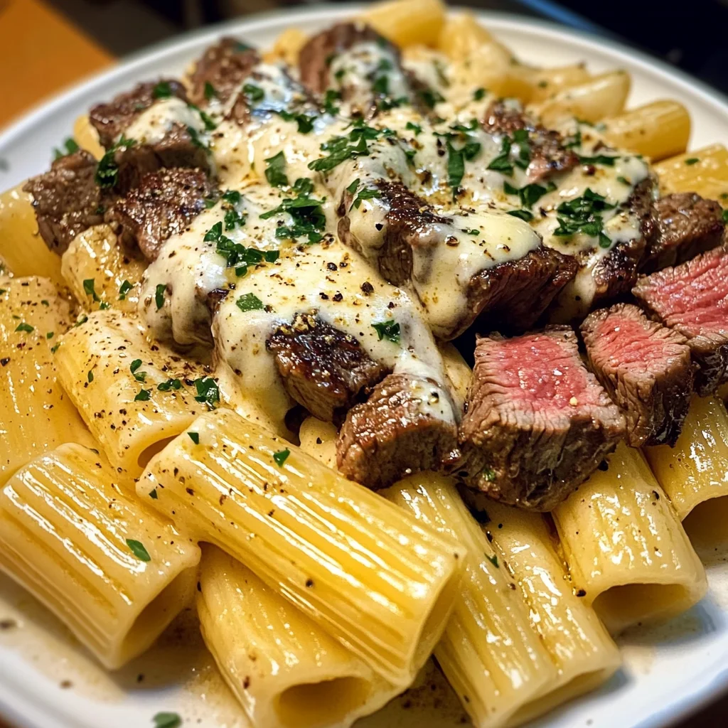 Garlic Butter Steak Rigatoni in Parmesan Cream Sauce