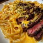 Garlic Butter Steak Strips with Creamy Spicy Cheddar Linguine