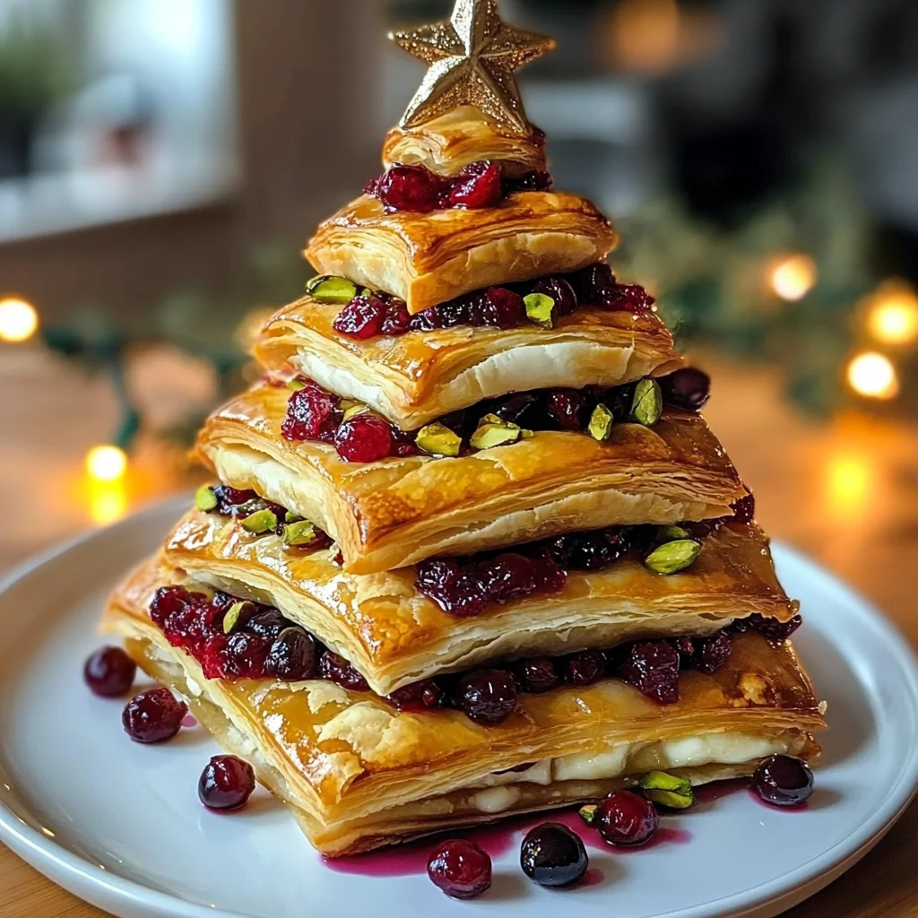 Golden Christmas Tree Puff Pastry with Brie, Cranberries & Pistachios