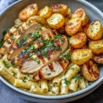 Grilled Chicken Bowl with Creamy Herb Pasta & Roasted Baby Potatoes