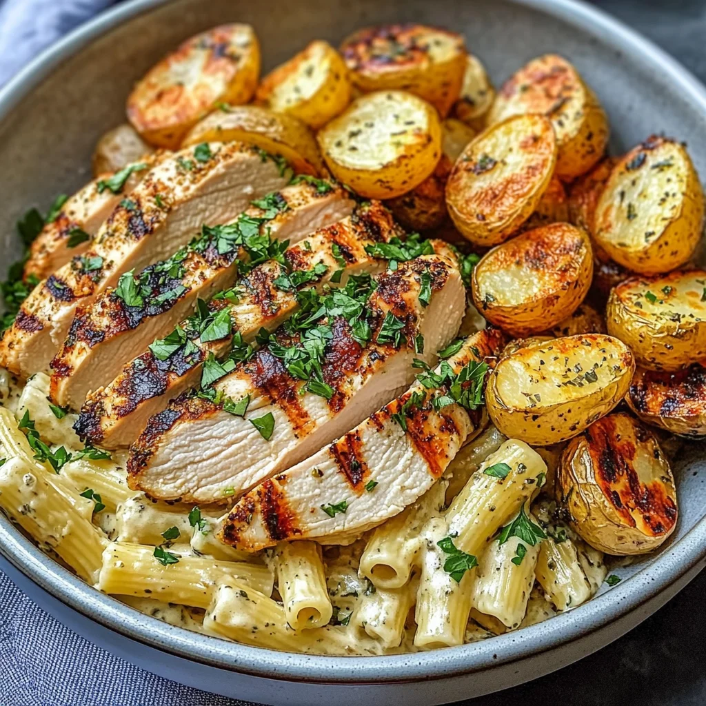 Grilled Chicken Bowl with Creamy Herb Pasta & Roasted Baby Potatoes