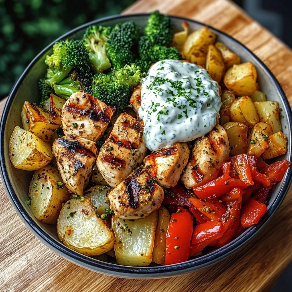 Grilled Chicken & Veggie Power Bowl with Creamy Herb Yogurt Sauce