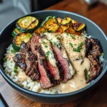Grilled Steak Bowl with Creamy Sauce & Grilled Zucchini