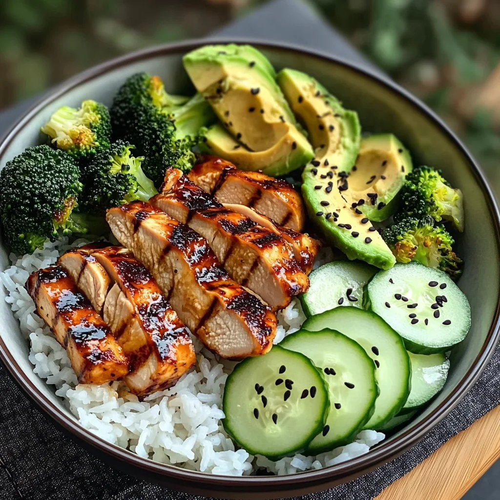 Grilled Teriyaki Chicken Rice Bowl with Roasted Broccoli, Avocado & Cucumber