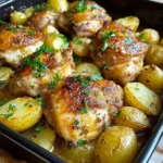 Juicy Baked Chicken Thighs & Golden Garlic Potatoes