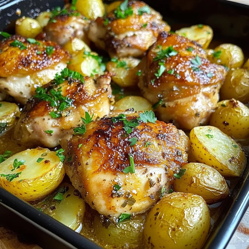 Juicy Baked Chicken Thighs & Golden Garlic Potatoes
