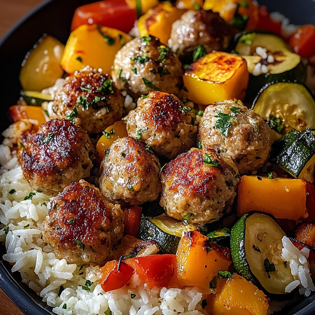 Juicy Meatballs with Rice & Roasted Veggies