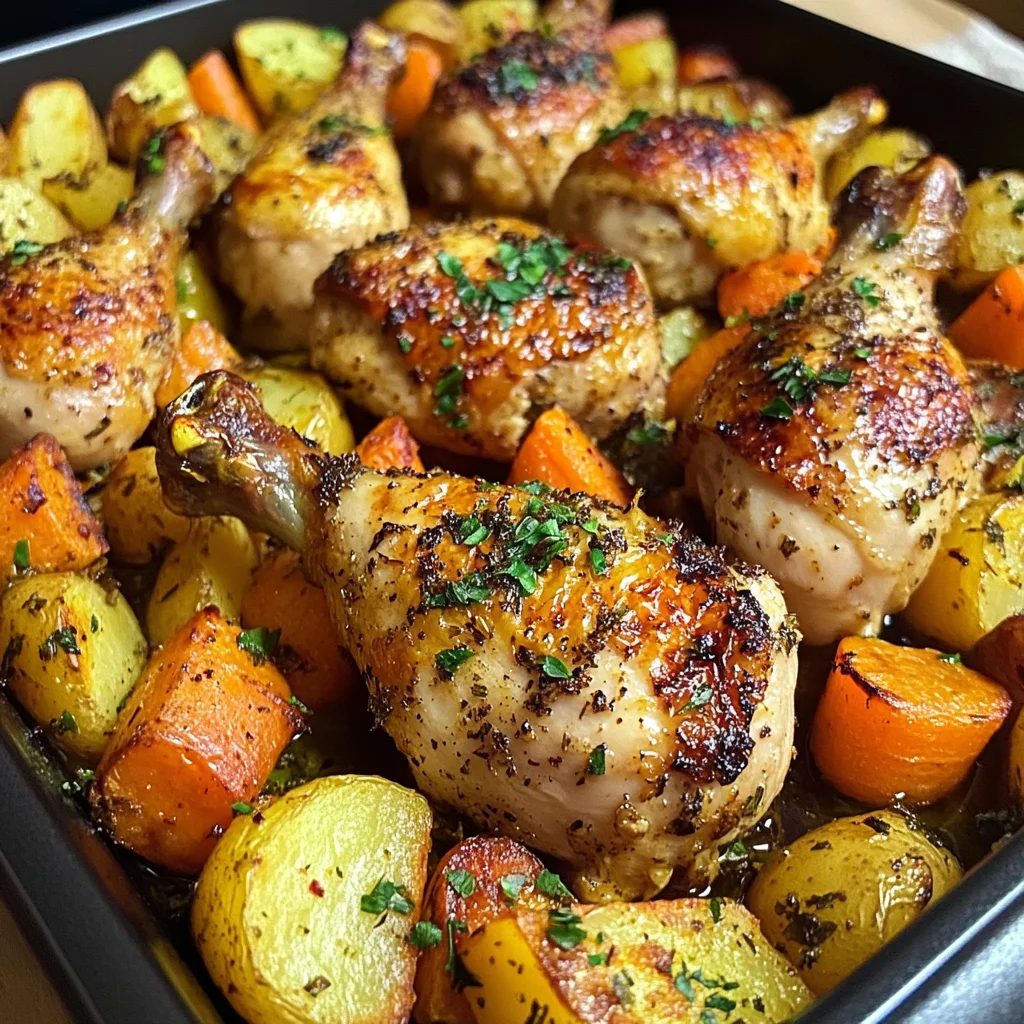 One-Pan Garlic Herb Chicken Drumsticks with Roasted Potatoes & Carrots