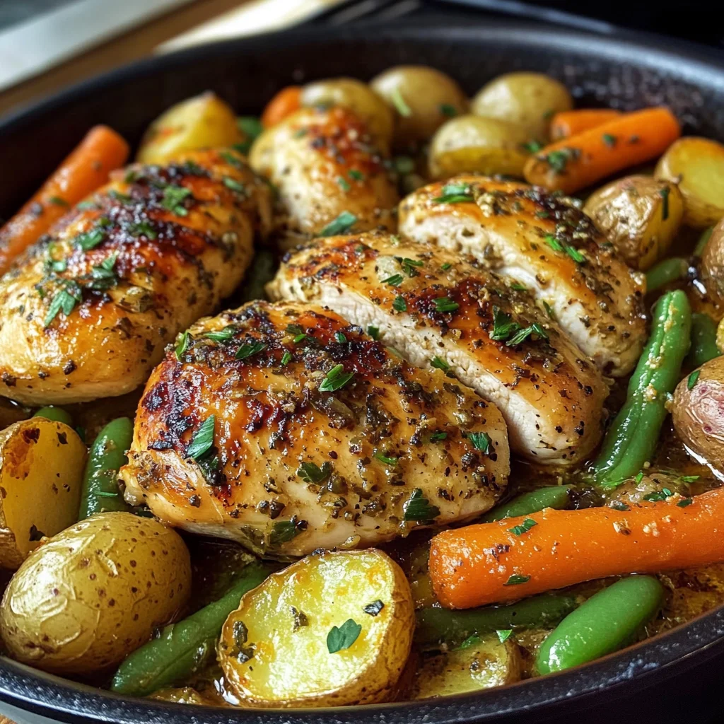 One-Pan Garlic Herb Chicken with Roasted Potatoes, Carrots & Green Beans