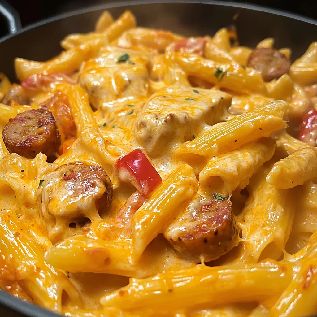 One-Pot Creamy Buffalo Cheddar Chicken & Sausage Pasta