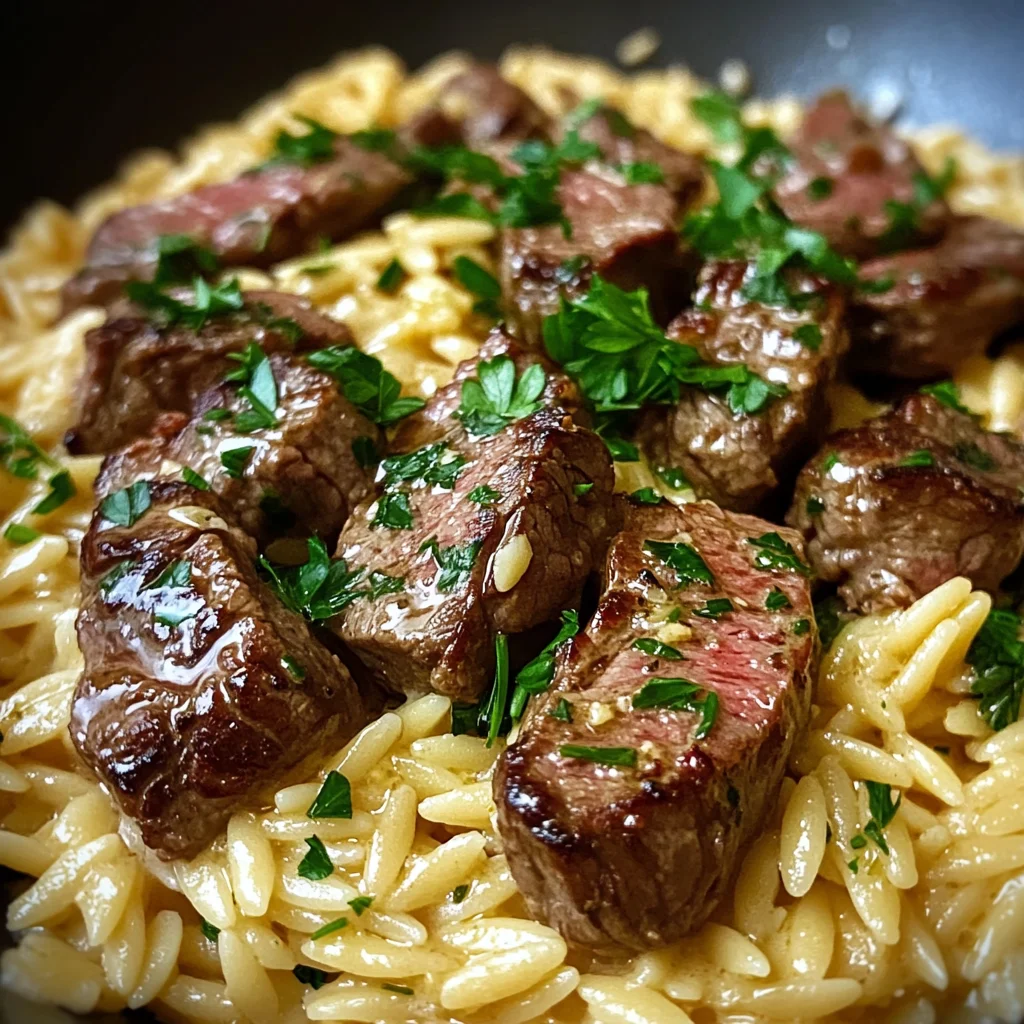 One Pot Creamy Garlic Butter Steak Orzo