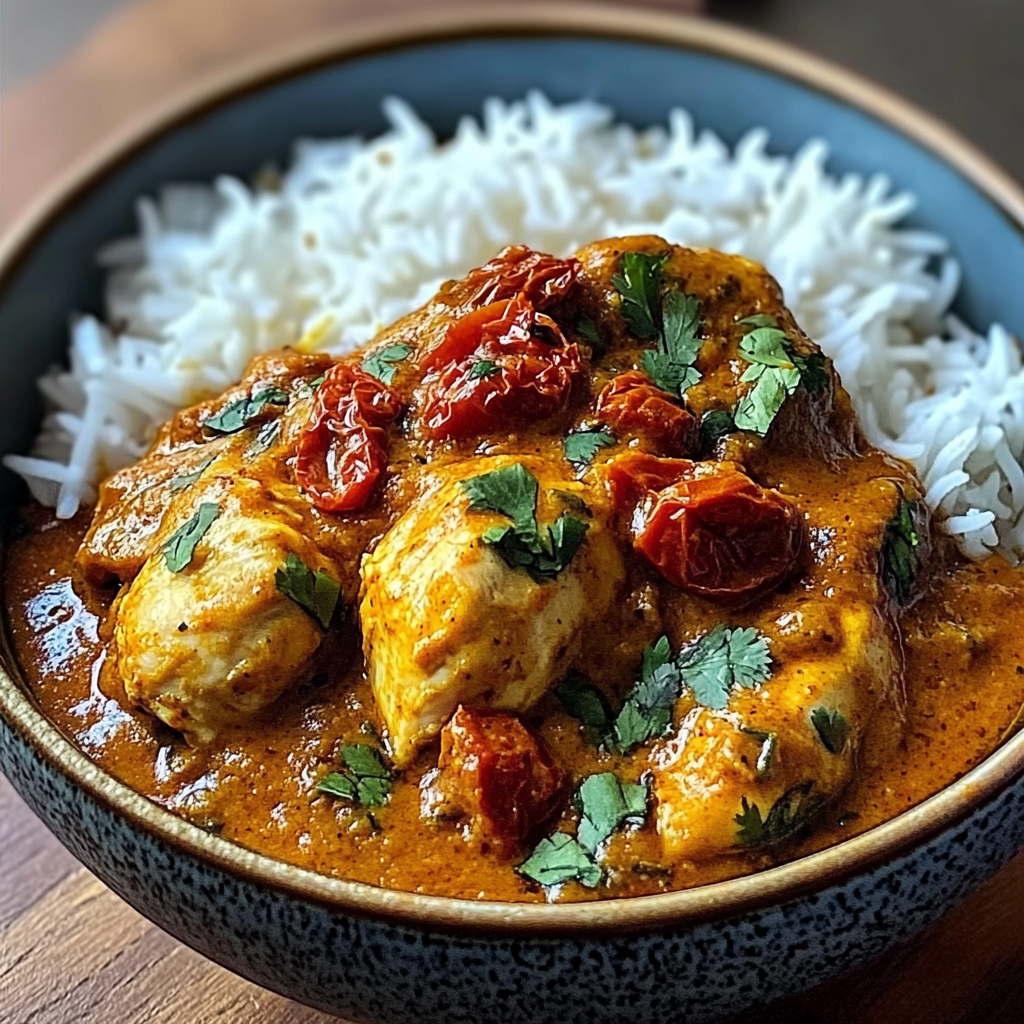 Rich Indian-Style Slow Cooker Chicken Curry with Fluffy Rice, Naan & Sundried Tomatoes