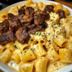 Rigatoni in Garlic Butter Parmesan Cream Sauce with Cajun Steak Tips