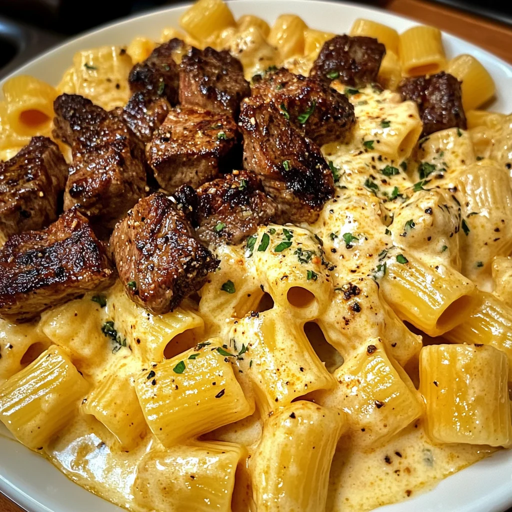 Rigatoni in Garlic Butter Parmesan Cream Sauce with Cajun Steak Tips