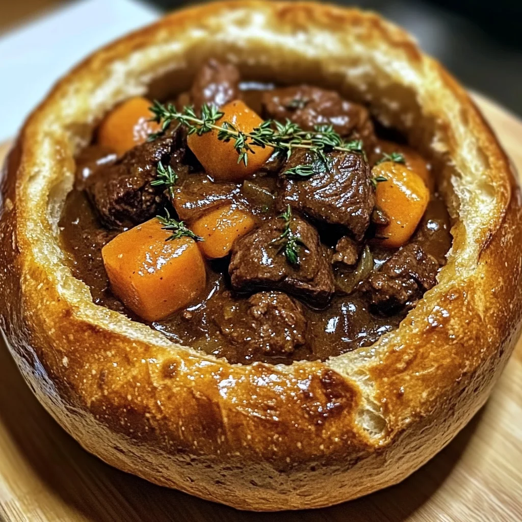 Rustic French Beef Bourguignon Served in Crusty Bread Bowls