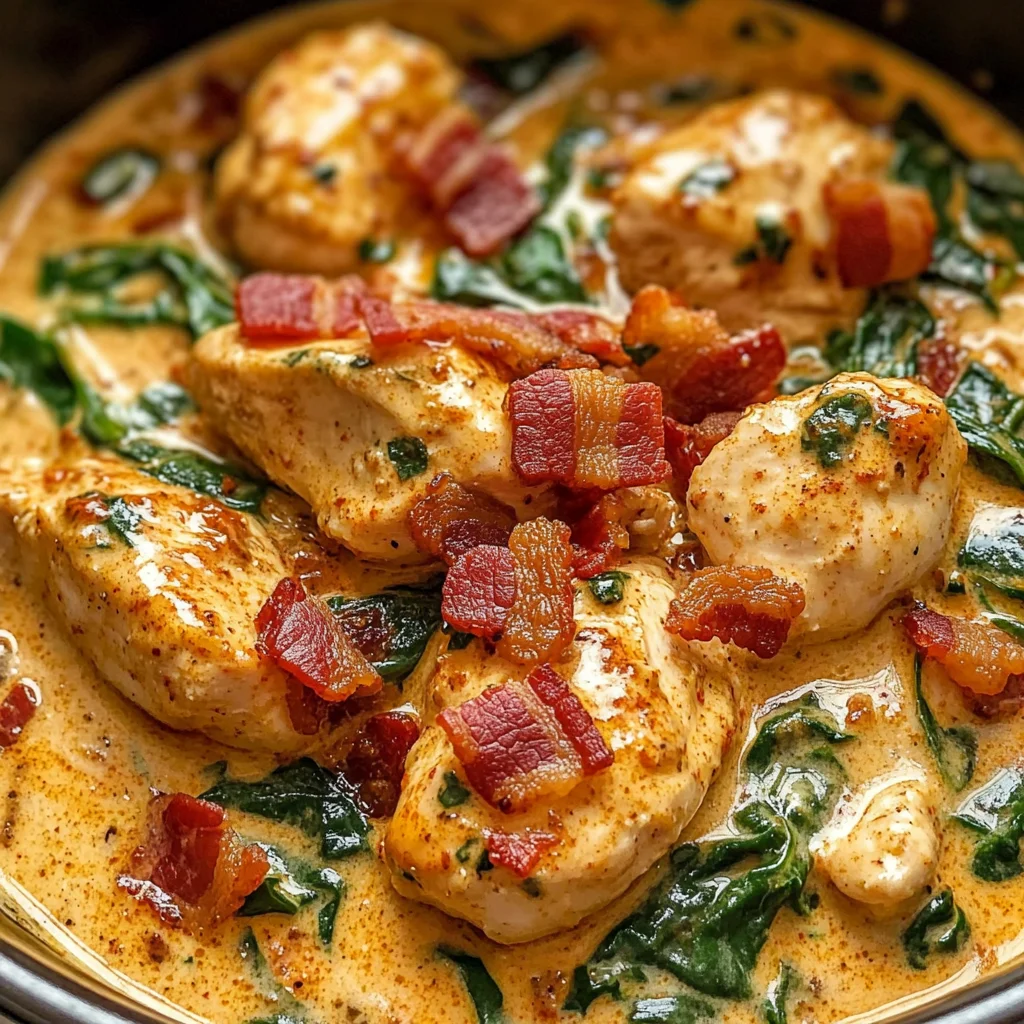 Slow Cooker Chicken paprika with Crispy Bacon, Roasted Red Peppers & Baby Spinach