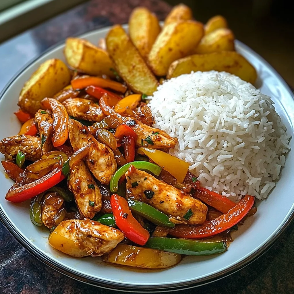 Spicy Chicken Stir-Fry with Peppers, Rice & Crispy Potato Wedges