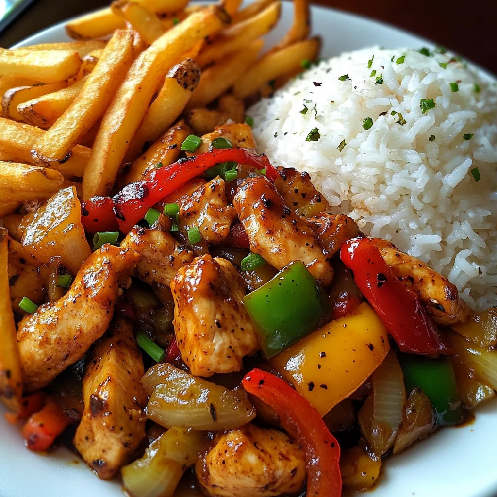 Spicy Chicken Stir-Fry with Rice & Crispy Fries