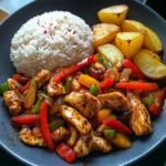 Spicy Garlic Chicken Stir-Fry with Rice & Crispy Potato Wedges