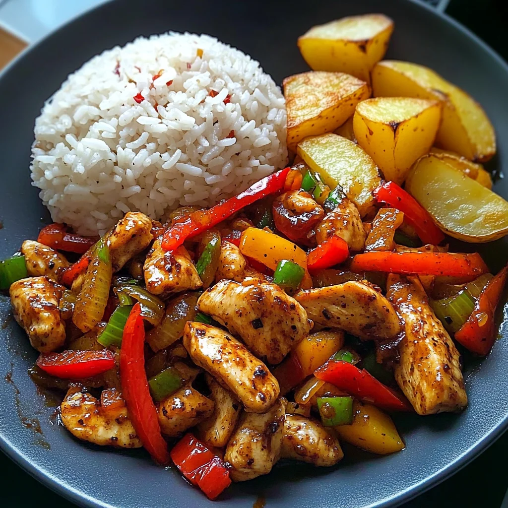 Spicy Garlic Chicken Stir-Fry with Rice & Crispy Potato Wedges