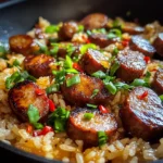 Sticky Garlic Butter Sweet Chili Sausage Rice Skillet