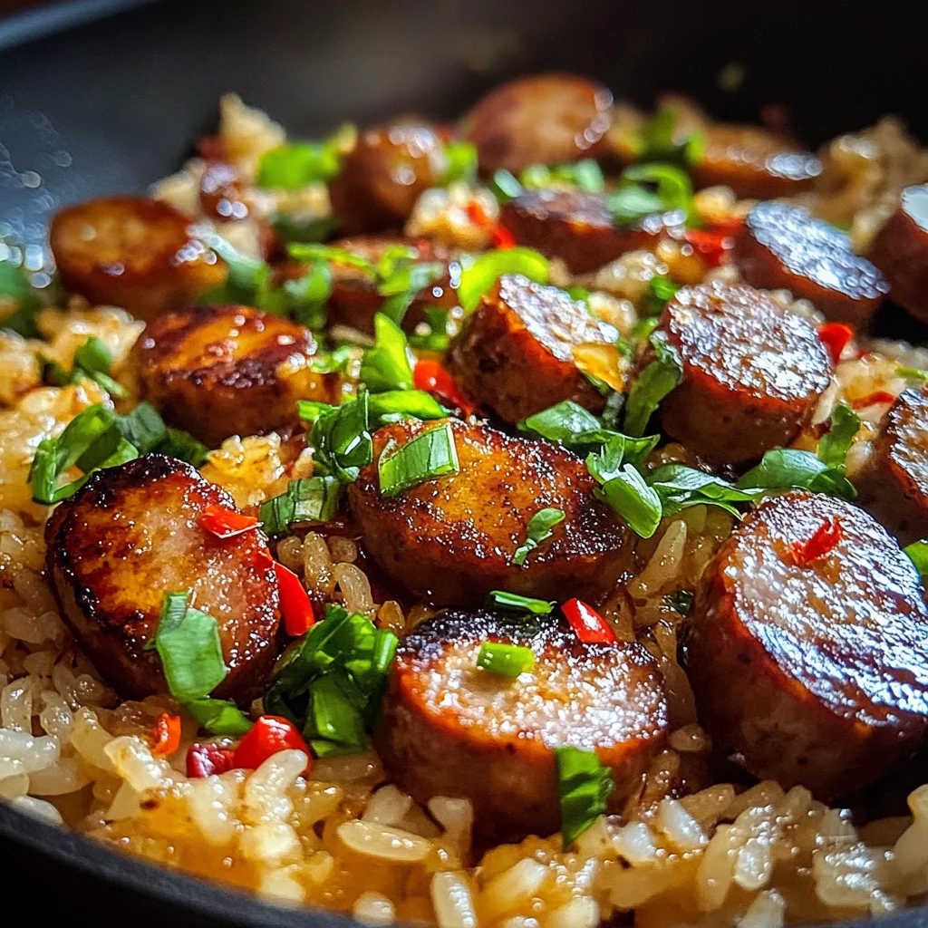 Sticky Garlic Butter Sweet Chili Sausage Rice Skillet