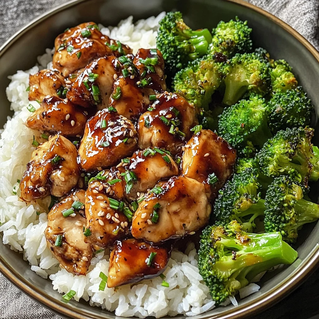 Sticky Garlic Chicken Bowl with Fluffy Rice & Steamed Broccoli