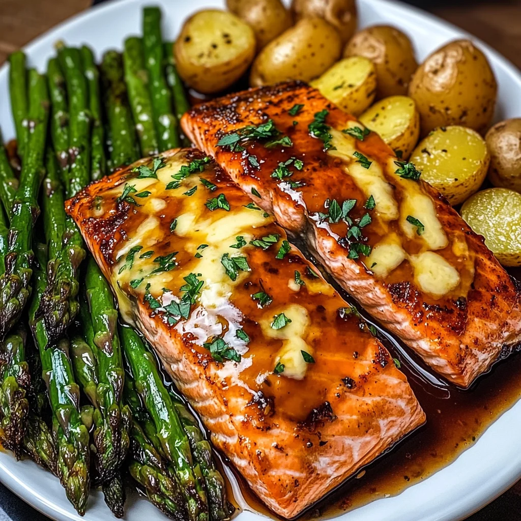 Sticky Glazed Salmon with Cheesy Asparagus & Roasted Baby Potatoes