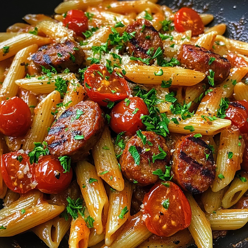 Sticky Smoky Honey Garlic BBQ Sausage Pasta Skillet