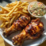 Ultimate BBQ Chicken Drumsticks with Crispy Fries & Creamy Coleslaw