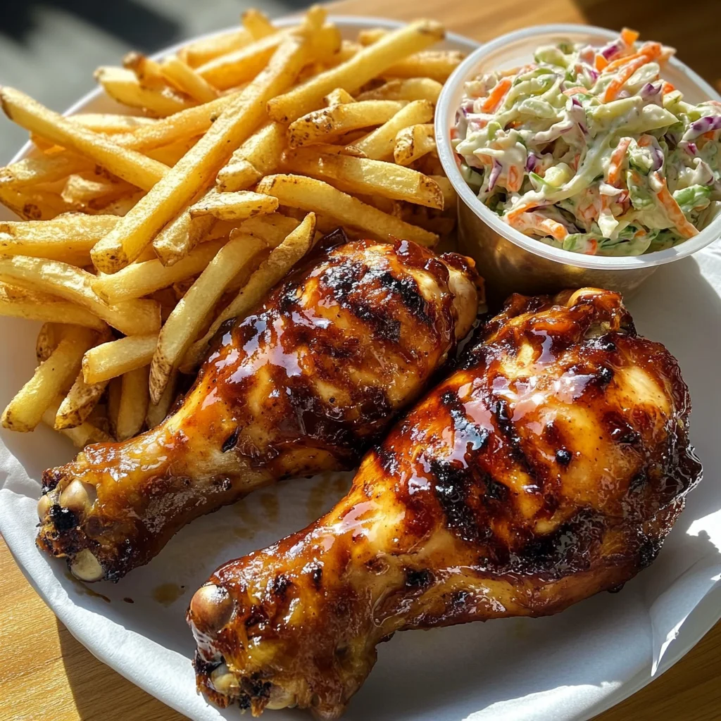 Ultimate BBQ Chicken Drumsticks with Crispy Fries & Creamy Coleslaw