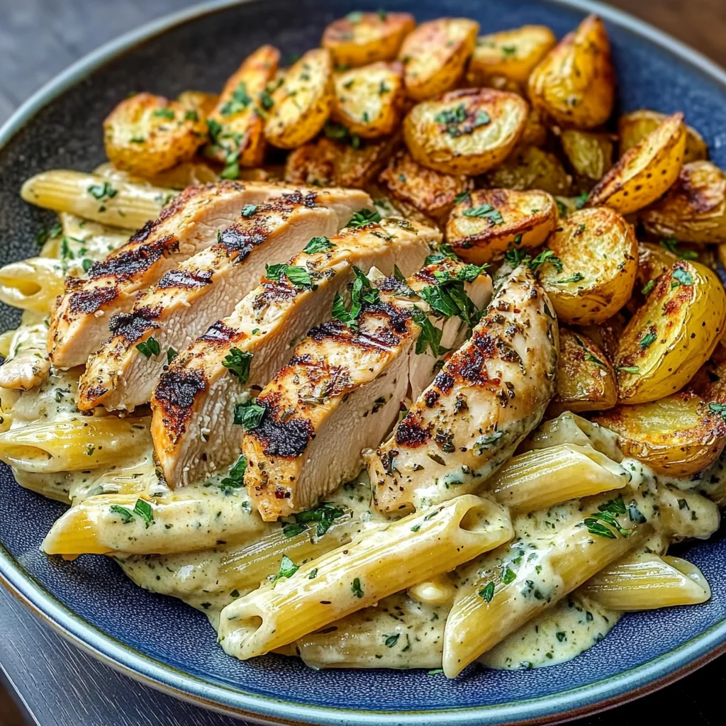 Ultimate Creamy Herb Chicken Pasta with Roasted Potatoes