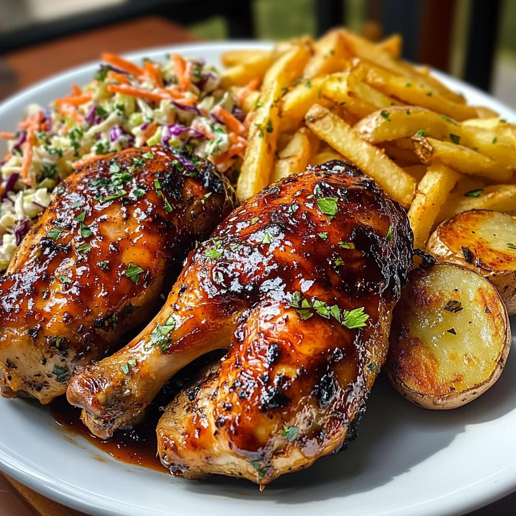 Ultimate Smoky BBQ Chicken Plate with Baby Potatoes, Fries & Creamy Slaw