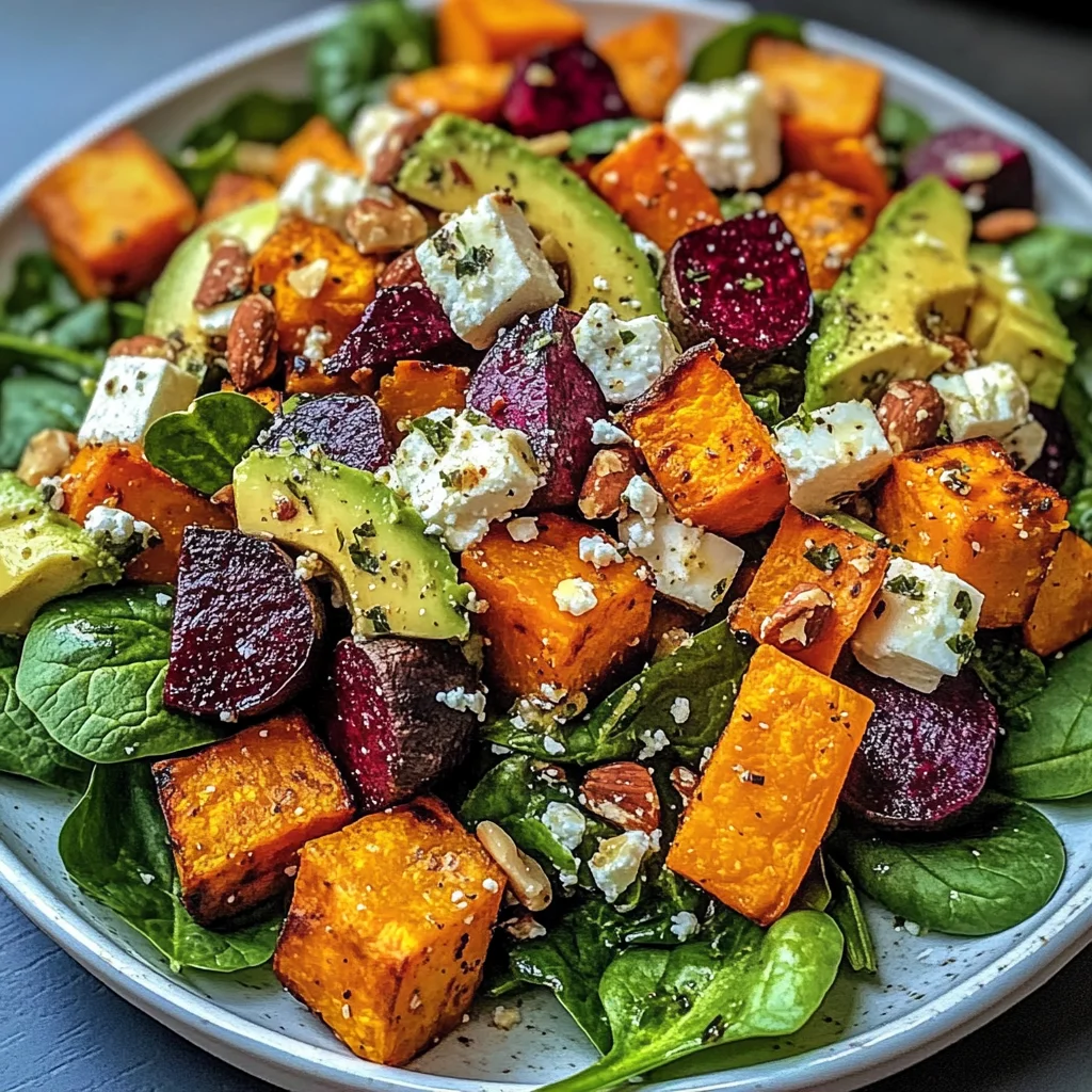 Vibrant Aussie Roasted Root & Spinach Salad with Macadamia Crunch