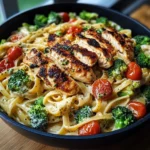 Blackened Chicken Alfredo Pasta with Broccoli & Cherry Tomatoes