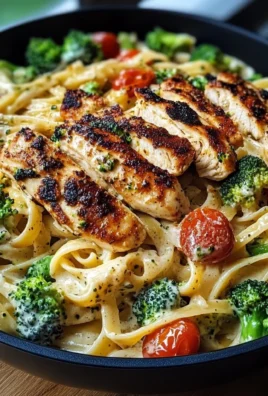 Blackened Chicken Alfredo Pasta with Broccoli & Cherry Tomatoes