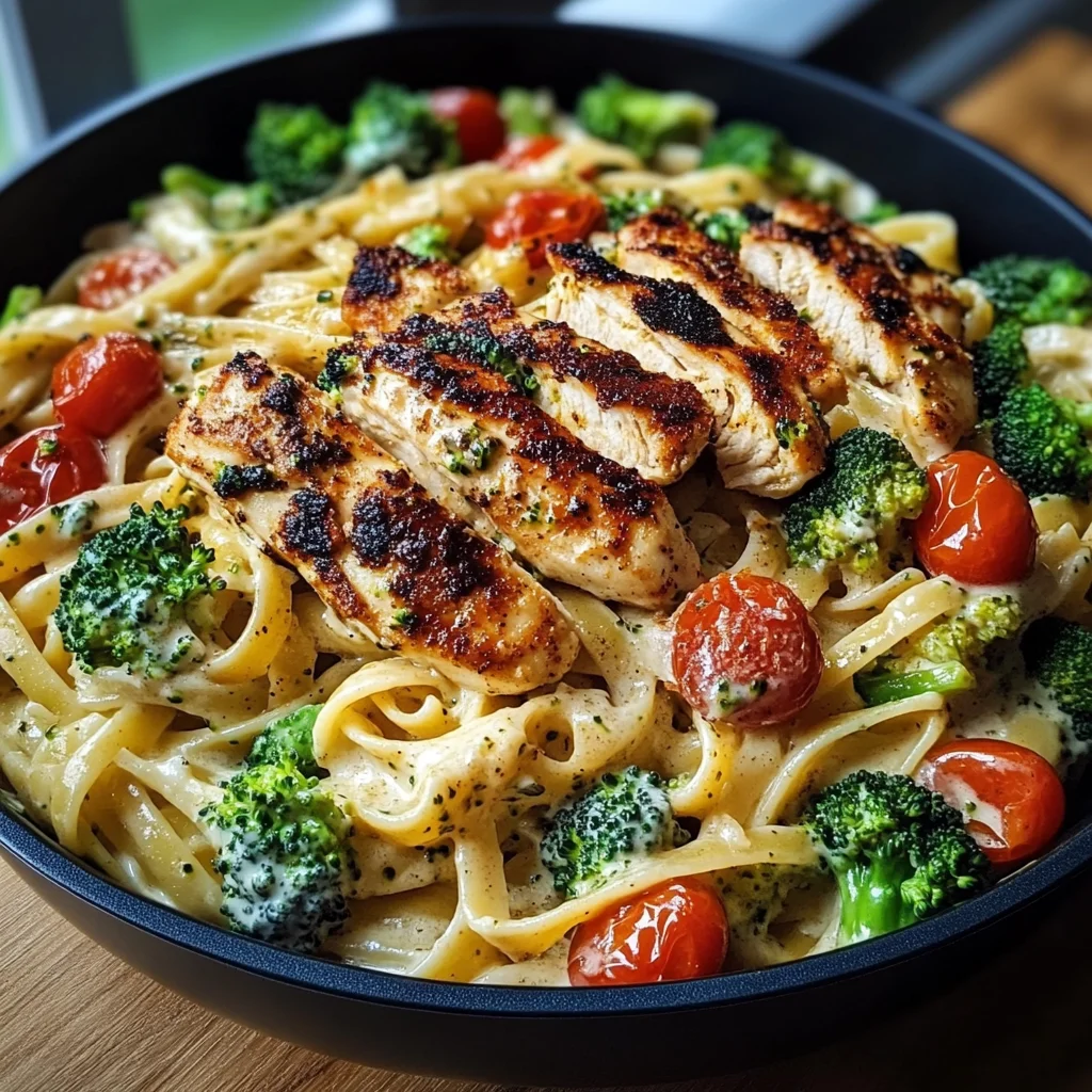 Blackened Chicken Alfredo Pasta with Broccoli & Cherry Tomatoes