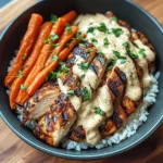 Grilled Chicken Rice Bowl with Creamy Garlic Sauce & Roasted Carrots