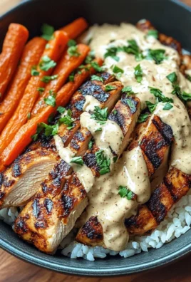 Grilled Chicken Rice Bowl with Creamy Garlic Sauce & Roasted Carrots