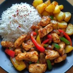 Spicy Stir-Fried Chicken with Bell Peppers, Rice & Crispy Potatoes
