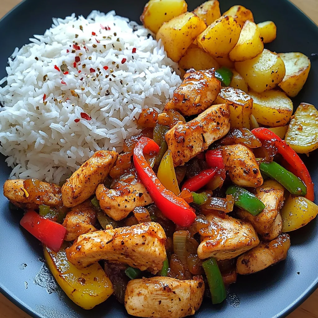Spicy Stir-Fried Chicken with Bell Peppers, Rice & Crispy Potatoes